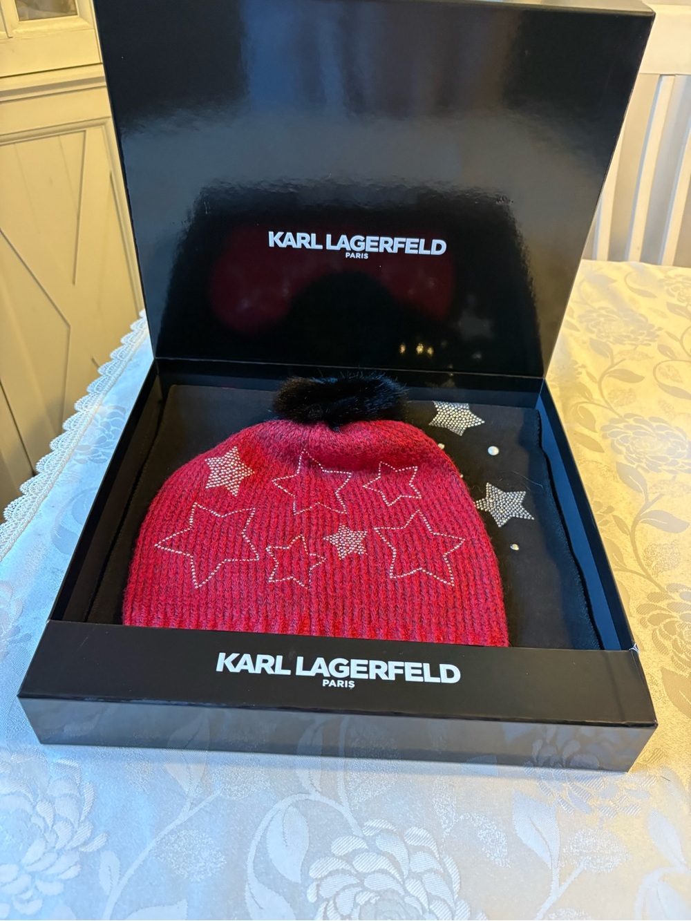 Karl Lagerfeld Red Knit Beanie with Black Pom and Star Embellishments New w/Box